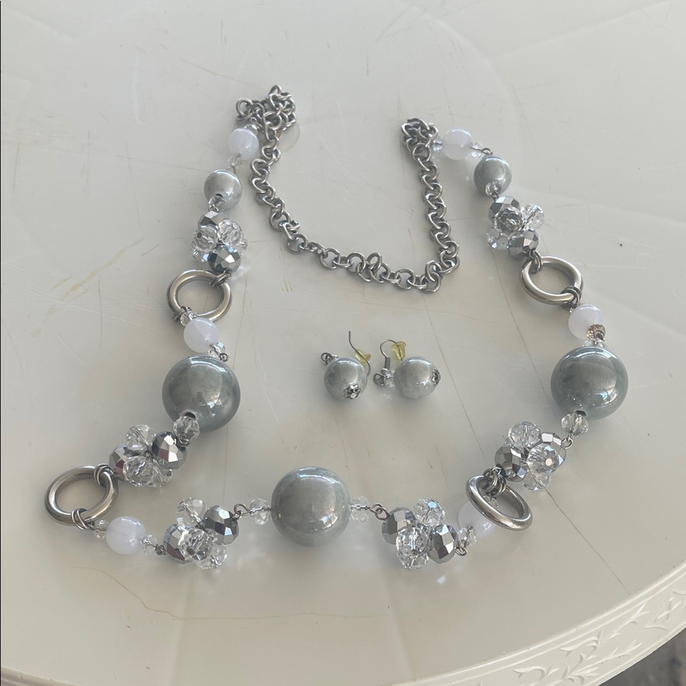 Elegant Gray Beaded Long Necklace with Matching Earrings